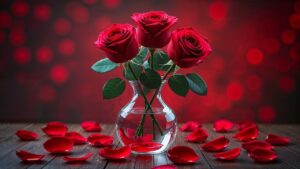 valentine's day, roses, red, love, nature, rose petals, flowers, flower vase