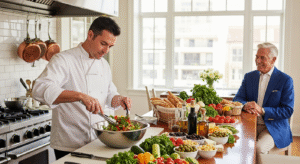 the image of an advanced male smiling while a chef is making him salad in the kitchen
