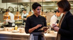 A chef talking to a customer with a smile on her face