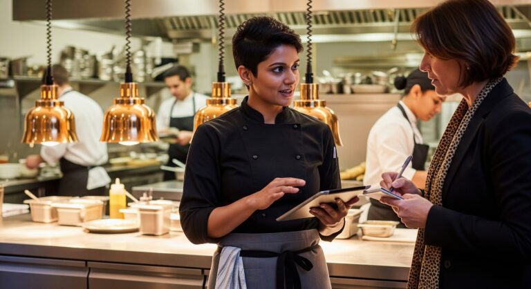 A chef talking to a customer with a smile on her face