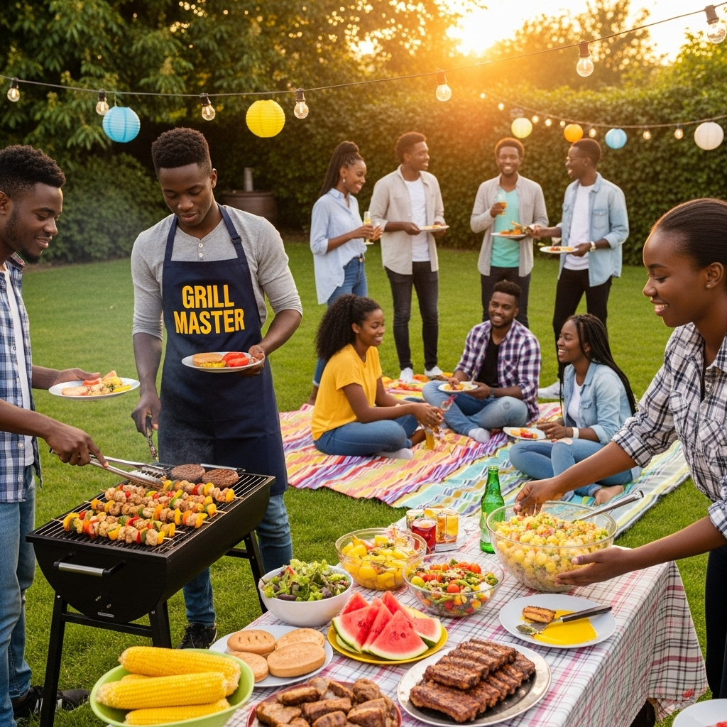 A group of youth over a barbecue with a chef