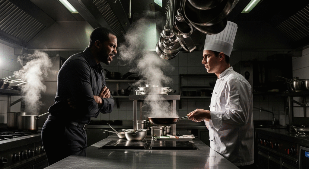an unsatisfied man who feels he has made mistake over hiring a chef