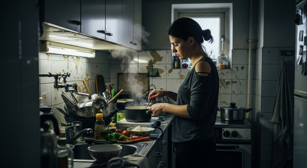 a woman cooking in a clustered kitchen setup