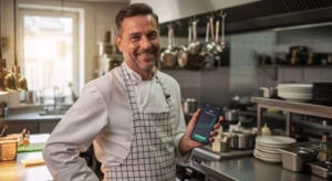 chef holding their phone showing passive income