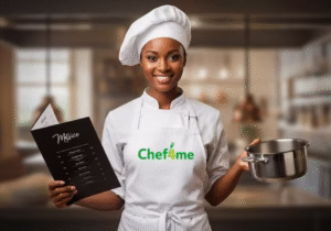 An irressistible chef adorned in her apron and cap, with a pot and her menu
